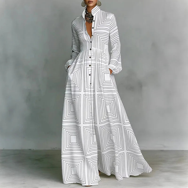 Women's Stand Collar Button Shirt Maxi Dresses Spring Casual High Waist Pocket Hem Long Dress Chic Floral Print Boho Party Dress