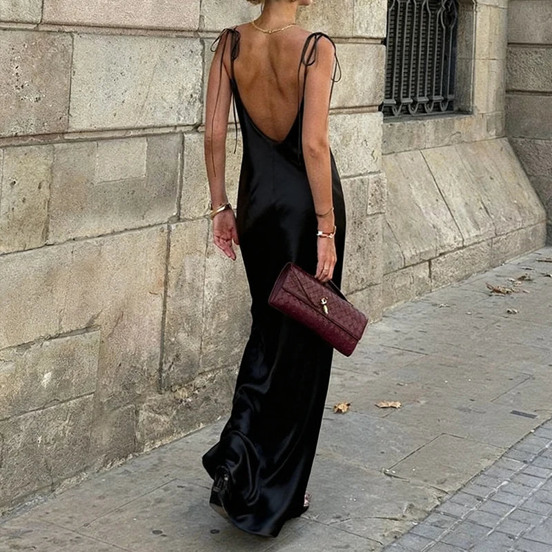 Original Women's Satin Elegant Maxi Dress Sleeveless Sexy Lace-Up Backless Champagne Evening Dress Bridesmaid Long Evening Gown