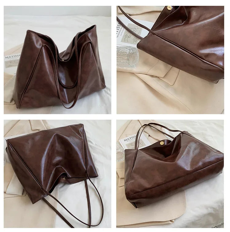 Women’s Fashion Tote Bag – Large Capacity Soft PU Leather Retro Shoulder & Crossbody Bucket Bag
