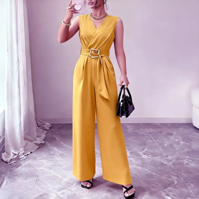 Women's Red Sleeveless V-Neck Pants  Belted Tie Waist Wide Leg Jumpsuit Casual Daily Office Party Elegant Romper Bodysuits