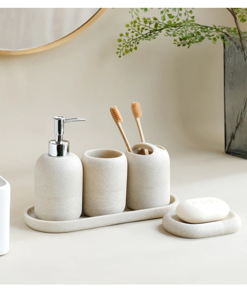 5pcs Bathroom Accessories Set – Beige & Grey