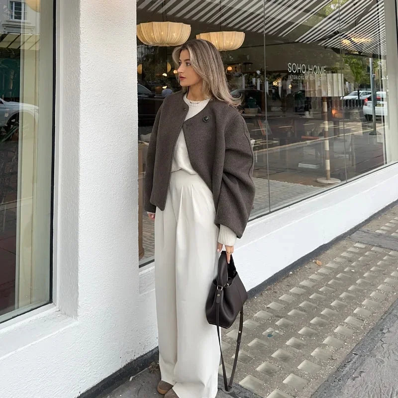 Fashion Women Solid Round Neck Woolen Short Coat Elegant Full Sleeve One Button Loose Women's Jacket 2024 Fall Winter Daily Wear