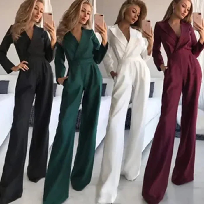 Spring Summer  Jumpsuit Women Mid Waist Elegant Commuting Long Sleeve Suit Overalls Wide Leg Pant Casual Solid Waist Jumpsuit