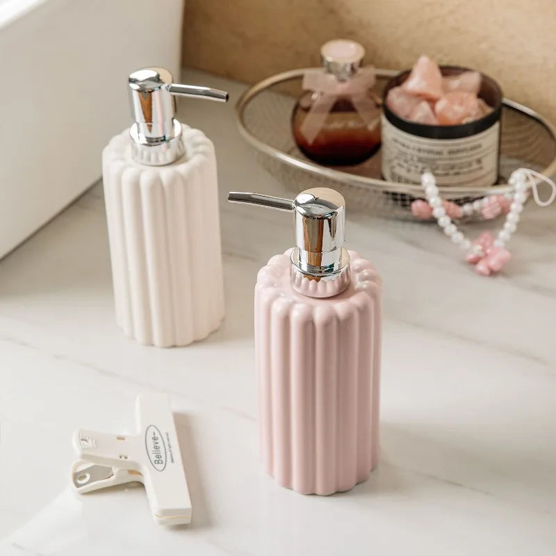 400ml Ceramic Lotion & Soap Dispenser – Pink & White Stripes