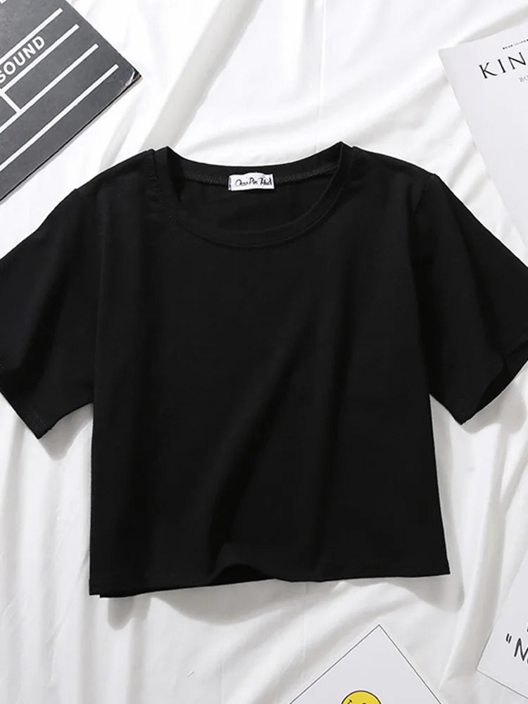 2023 Summer Short Sleeve T Shirts Women Cotton Solid T-shirt O Neck High Waist Crop Top Tee Female Casual Loose T Shirt