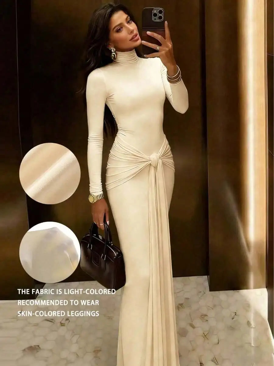 Brown High Neck Fitted Long Dress with Front Knot Detail