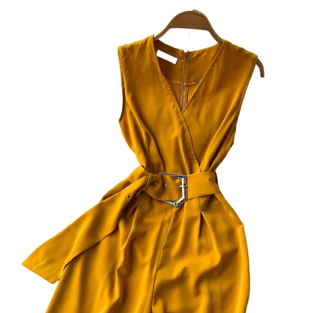 Women's Red Sleeveless V-Neck Pants  Belted Tie Waist Wide Leg Jumpsuit Casual Daily Office Party Elegant Romper Bodysuits