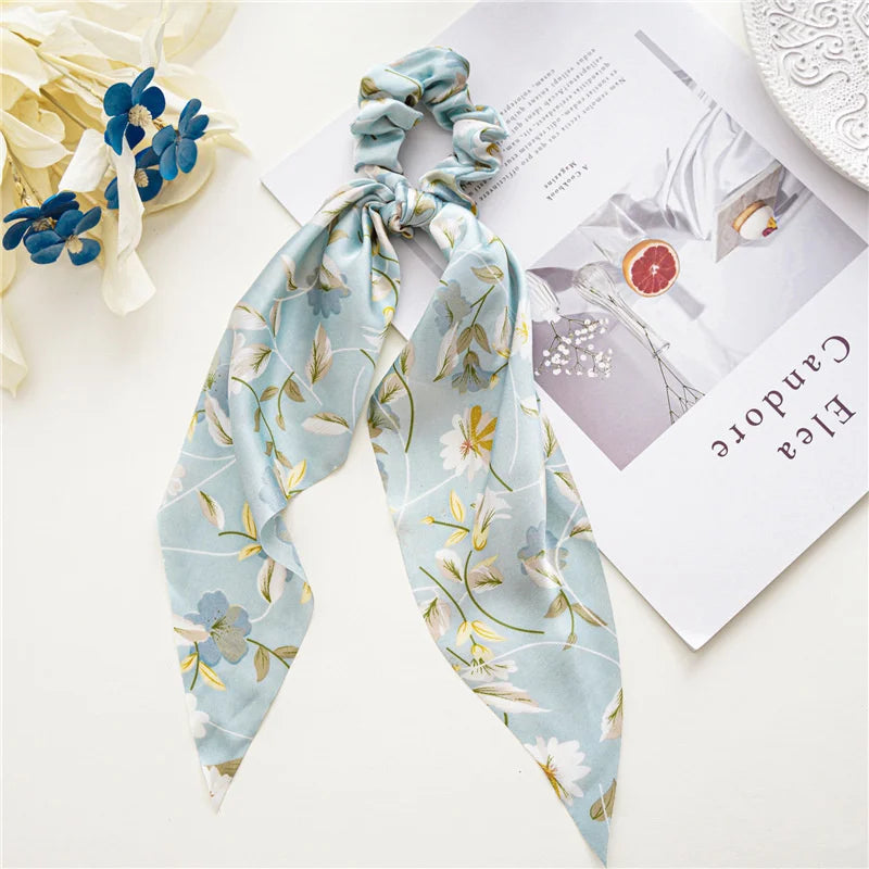 New Fashion Satin Flower Elastic Long Ribbon Hair Bands Ponytail Scarf Hair Tie Women Scrunchies Hair Accessories Headwear