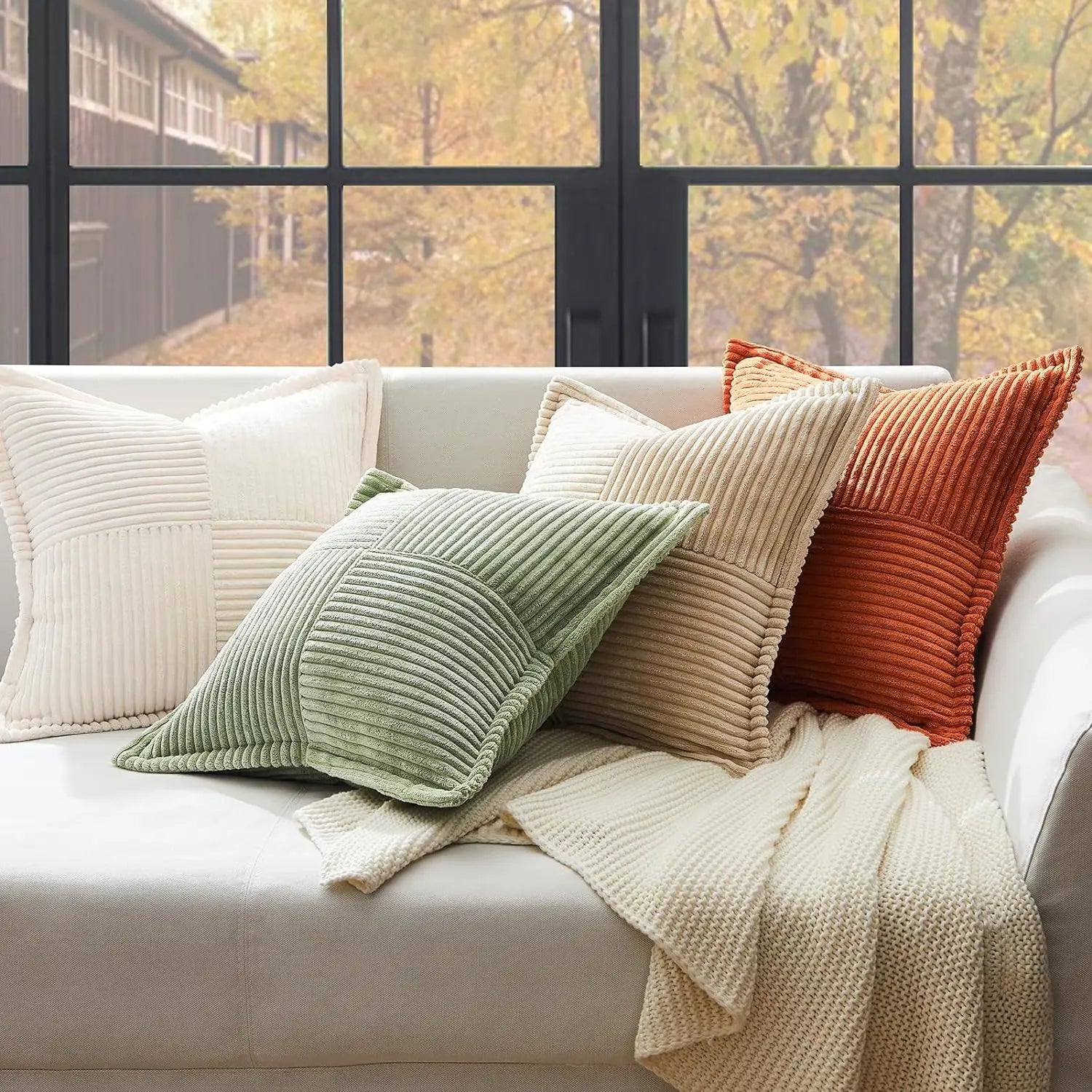 Solid Color Striped Corduroy Pillow Cushion Cover - Minimalist Sofa Backrest Cushion Office Lumbar Support Pillow Case for Nap