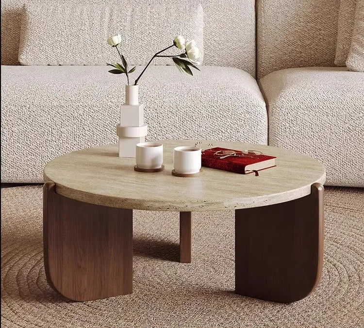 Wabi Sandy Wind Solid Wood Travertine Coffee Table Minimalist Small Tea Table Small Apartment Living Room Household Round Balcon