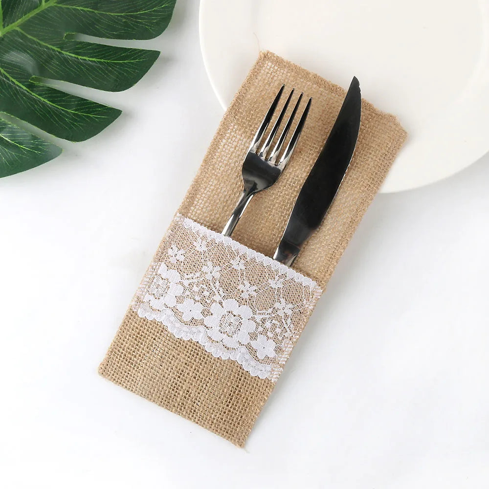 Burlap Lace Cutlery Pouch