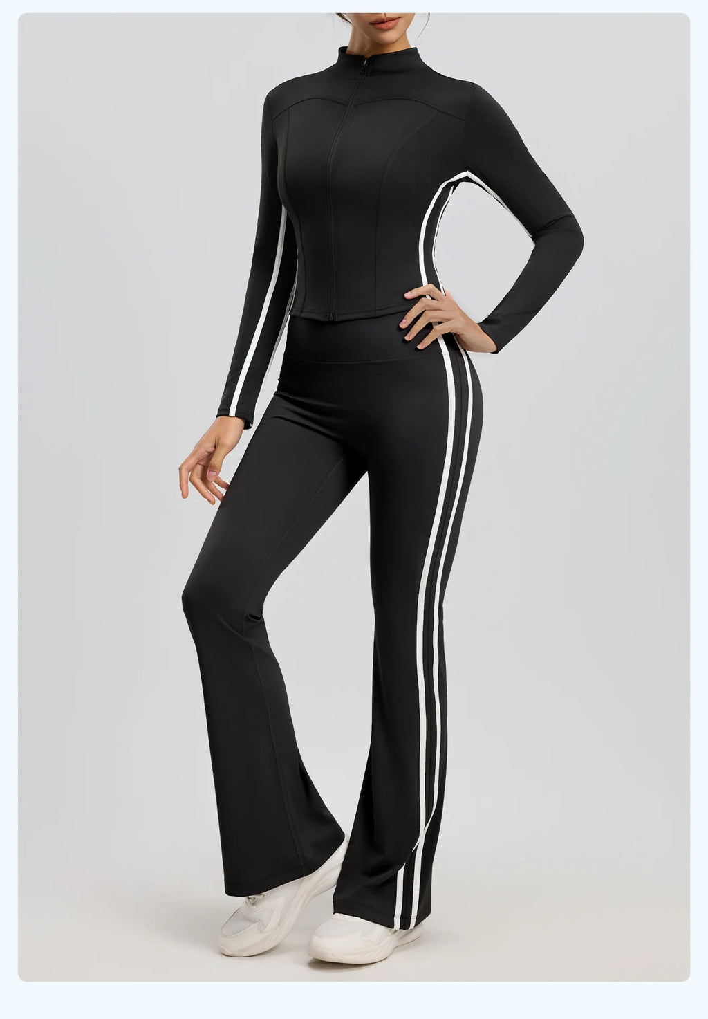 Striped 2pcs Yoga Gym Set Women Long Sleeve Zipper Sport Jacket Hip Lifting Leggings Fitness Running Tops Flare Pants Tracksuit