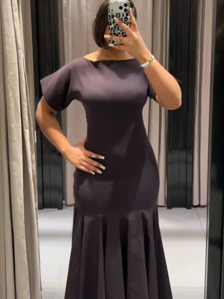 Elegant Patchwork Maxi Dress Women Solid Round Neck Short Sleeve Slim Fit Gowns Lady 2026 New Basic Evening Casual Summer Robes