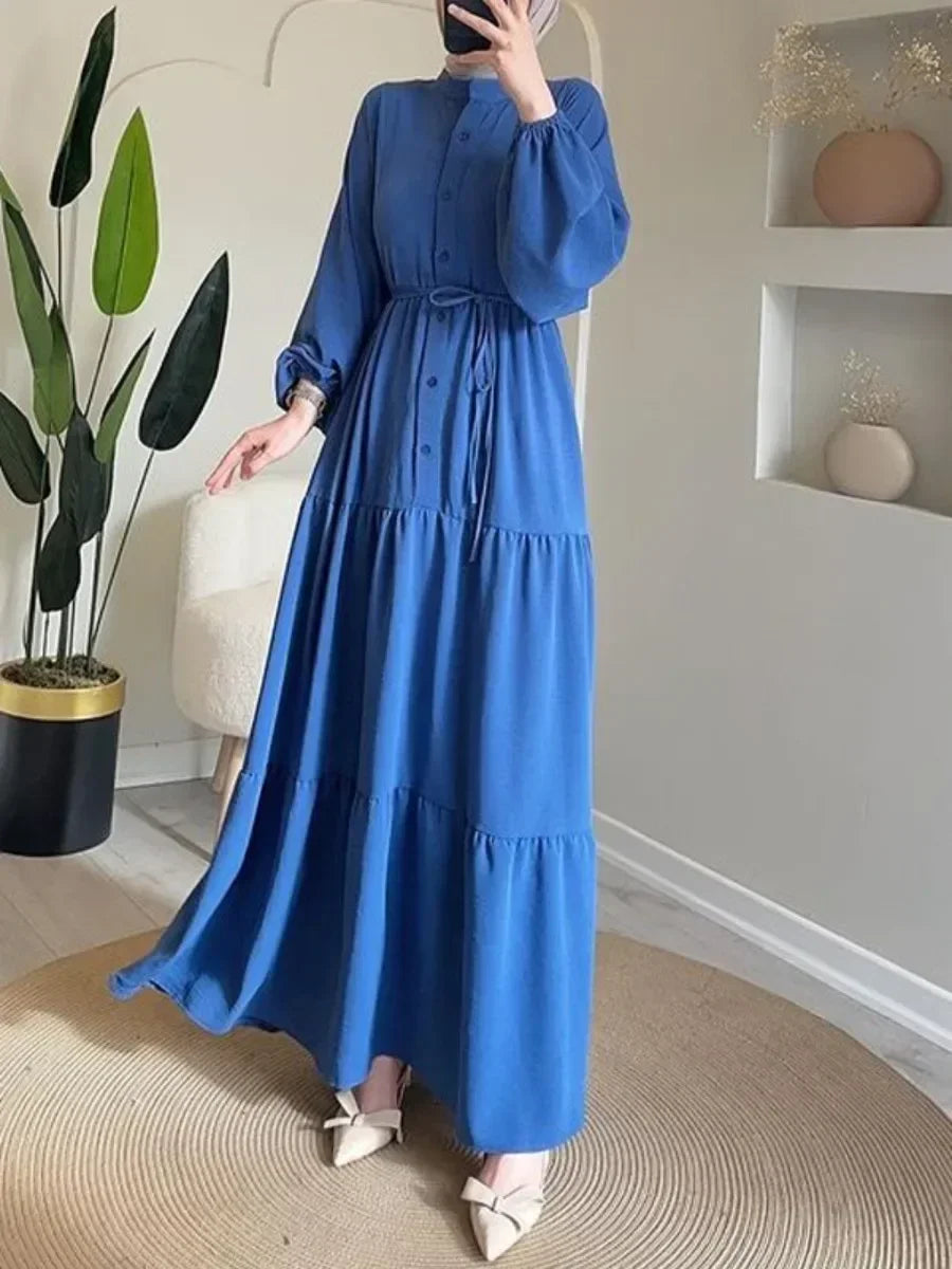 Eid Muslim Women Dress Abaya Solid Single Breasted Party Jalabiya Ramadan Long Dresses Vestidos Largos Kaftan Arab Long Robe