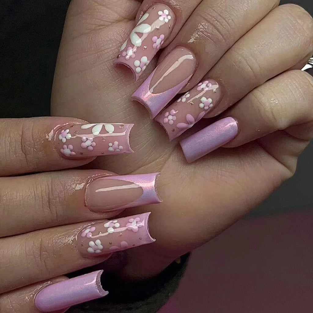 24Pcs Short Almond Press-On Nails Pink Floral French Tip Glossy&Elegant Full Cover Fake Nails for Women&Girls Spring,Daily Wear