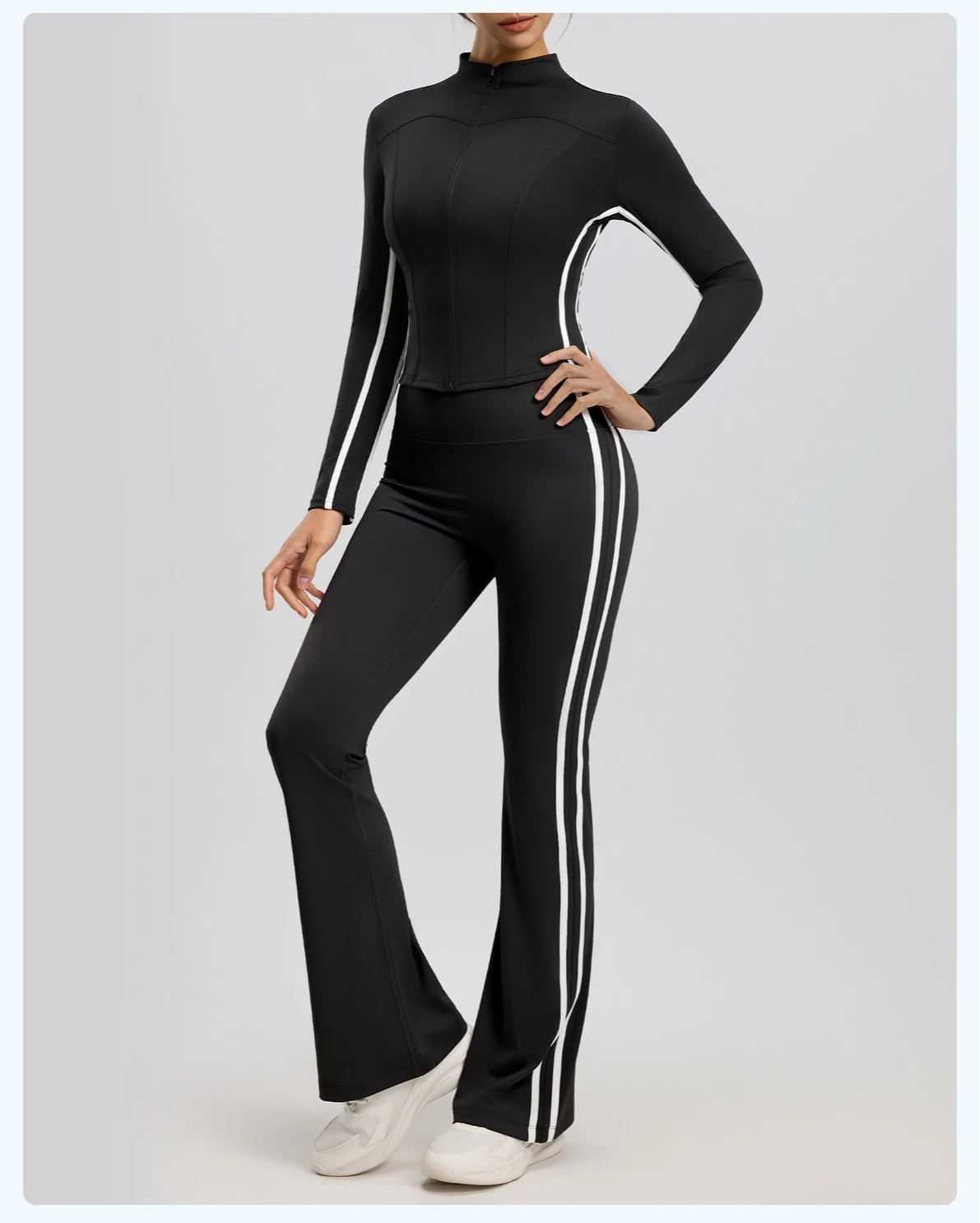 Striped 2pcs Yoga Gym Set Women Long Sleeve Zipper Sport Jacket Hip Lifting Leggings Fitness Running Tops Flare Pants Tracksuit
