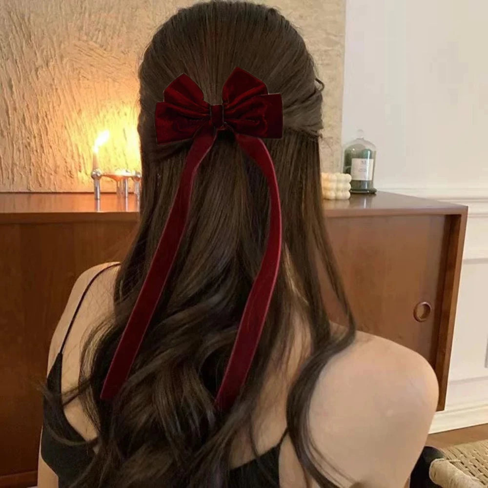 Velvet Hair Clip for Women Elegant Handmade Black Red Green Double Bows Barrette Pin Long Tassel Hair Accessories Christmas Gift