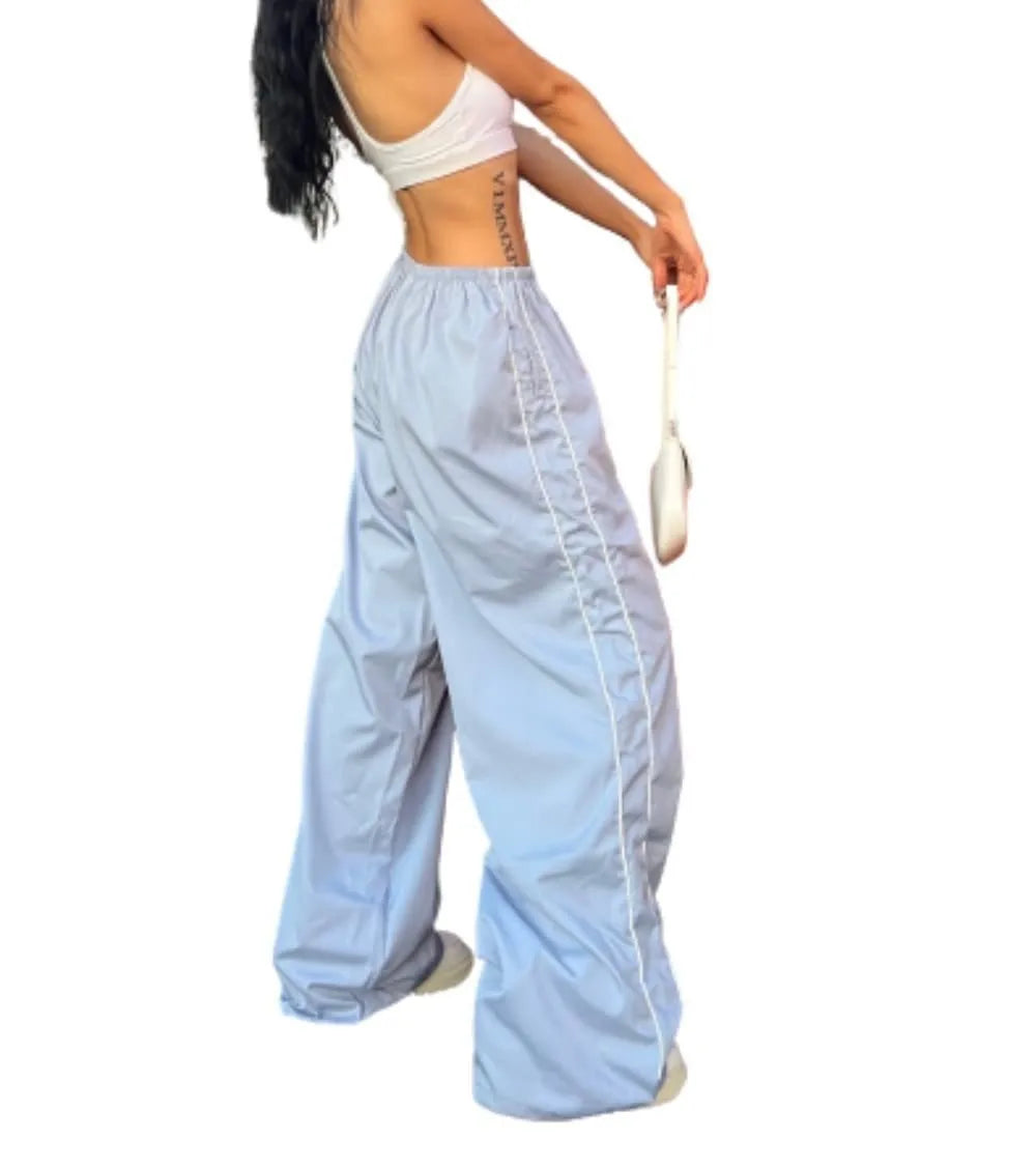 Women's Fashion Drawstring Both Sides Casual Elastic Waist Sports Pants High waist Loose Wide Leg Pants Trousers