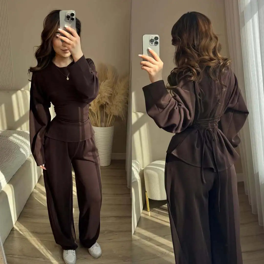 Yaminiya Women Casual Two Piece Set Long Sleeve Back Tie Waist Ruffle Hem Top & Wide Leg Pants Solid Color Loungewear Tracksuit