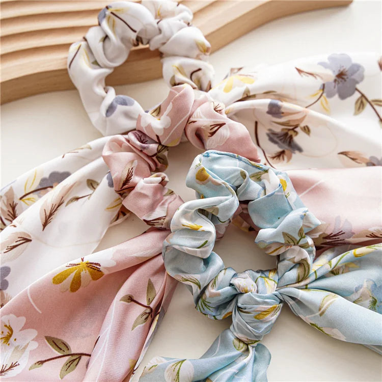 New Fashion Satin Flower Elastic Long Ribbon Hair Bands Ponytail Scarf Hair Tie Women Scrunchies Hair Accessories Headwear