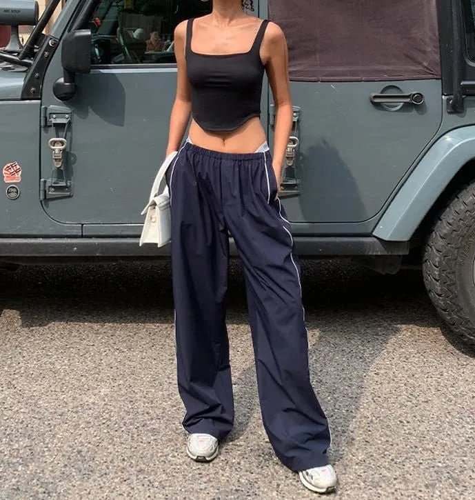 Women's Fashion Drawstring Both Sides Casual Elastic Waist Sports Pants High waist Loose Wide Leg Pants Trousers