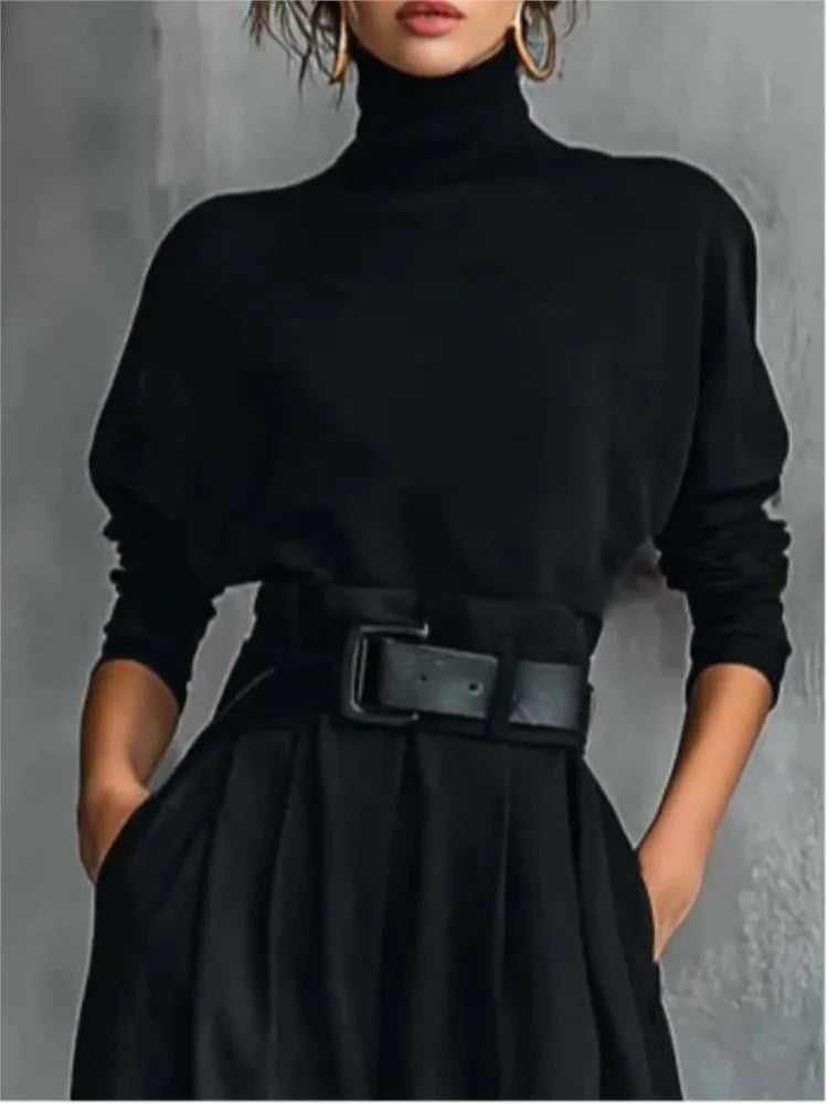 Autumn Winter New Women Elegant Stand Collar Solid High Waisted Trousers With Belt Long Sleeve Top Wide-leg Pants Two-piece Set