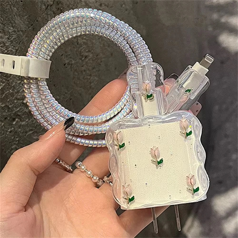 Korean Clear Black Bow Charge Protective Case For iPhone 18W-20W US Data Line Charger Protector Cover Charger Sleeve Accessories