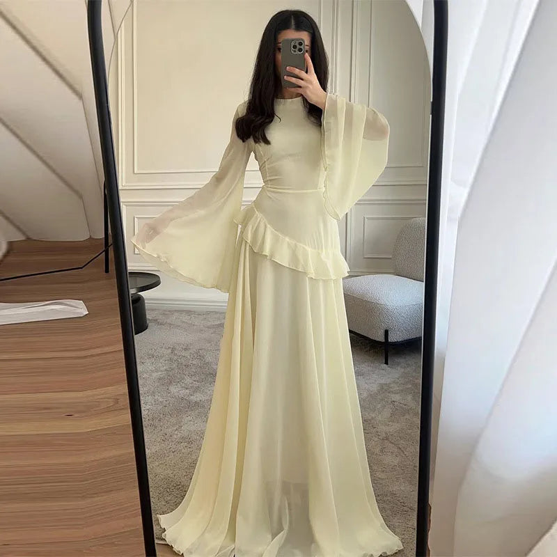 Fashion Flare Sleeve Ruff Long Dress Women Solid O-neck High Waist Slim Pleated Maxi Dresses 2025 Lady Summer Chic Party Robes