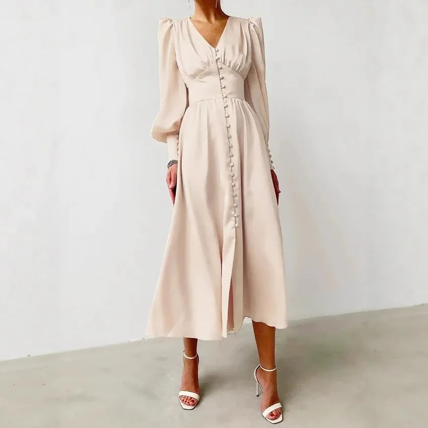 2026 Women's Fashion Satin Dress Lantern Sleeve Waist Slimming Style Elegant Slim Long Dress