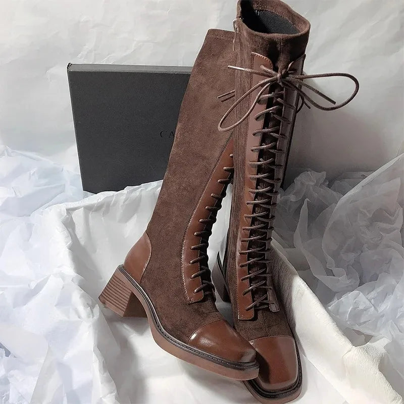 Women's Knee-high Boots High Quality Suede Leather Boot Lace Up Slim Long Tube Boots Knee-high Chelsea Boot Women Fashion Boots