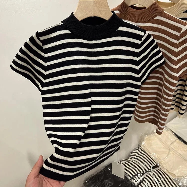 Half Turtleneck Pullover Striped Sweater Sweater Slim Fit Top Shirt Women's Early Spring and Autumn Short Sleeve Bottoming Shirt