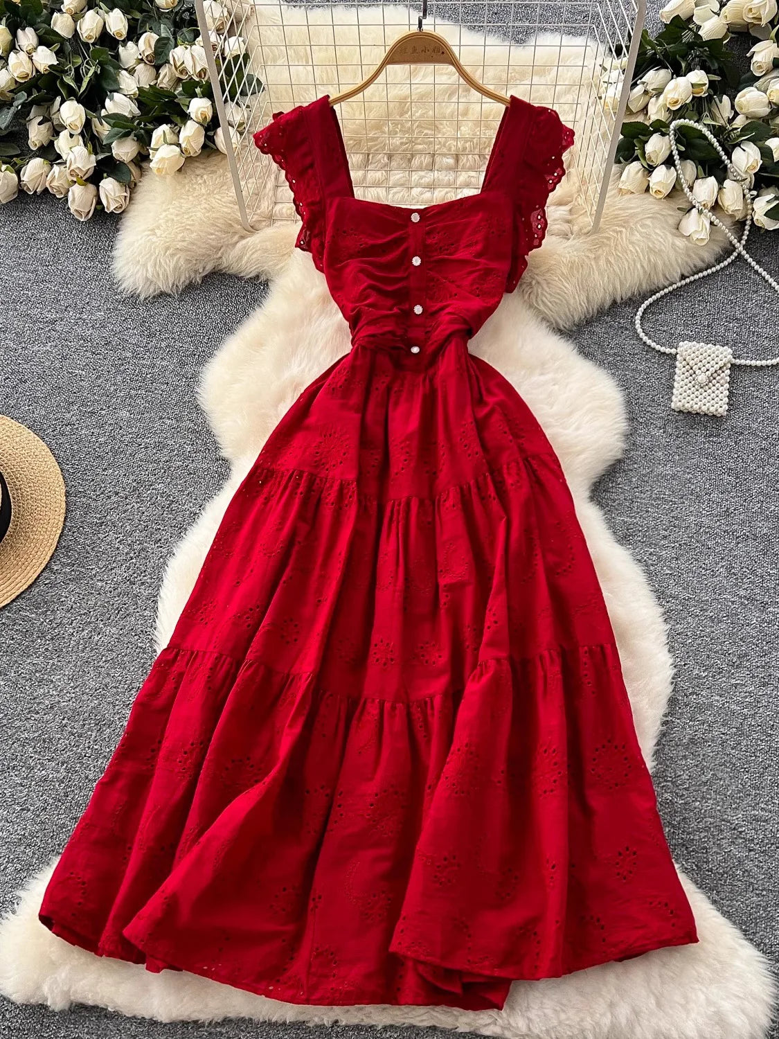 2025 Vintage Summer Elegant Square Neck Dress Lace Embroidered Cinched Waist Vestidos for Women Elegant Party Dress New Fashion