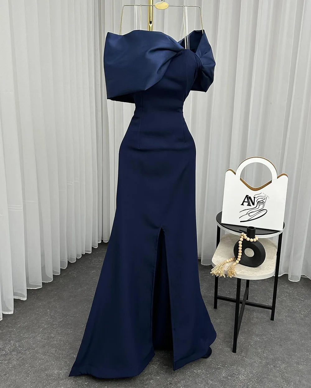 Msikoods Navy Blue Mermaid Prom Dress Luxury Off Shoulder Sexy Slit Arab Evening Dresses Elegant Night Party Dress Customzied