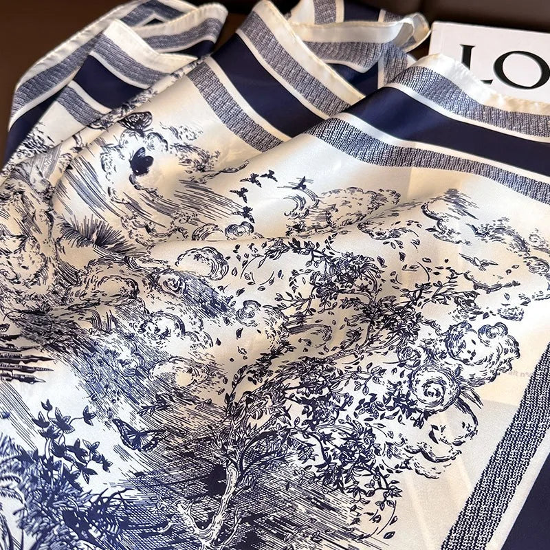 1pcs 70cm Plant-printed Scarf Women Simulated Silk Elegant and Versatile Headwear Bag Clothing and Accessories Square Scarf