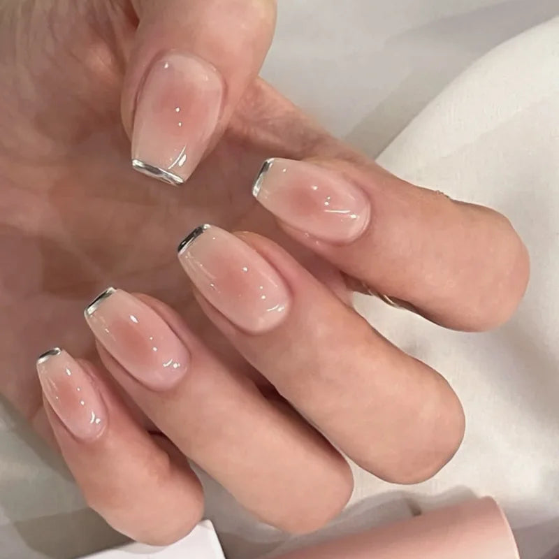 24Pcs French Tip Handmade Press On Nails Minimalist Solid Color Fake Nails Medium Square Full Cover Press On Nail Tips With Glue