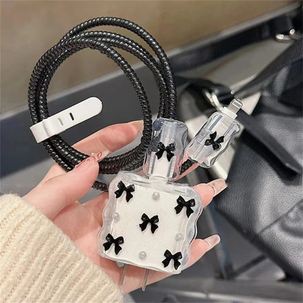 Korean Clear Black Bow Charge Protective Case For iPhone 18W-20W US Data Line Charger Protector Cover Charger Sleeve Accessories