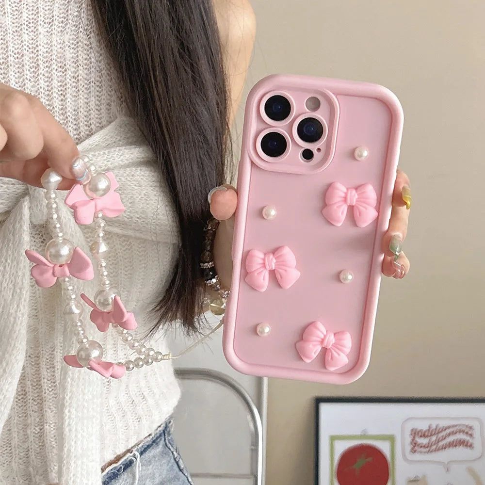 Pearl Bow Chain Phone Case For Redmi Note 14 13 12 11 10 9 8 Pro Plus 11s 13C 12C Women Silicone Back Cover