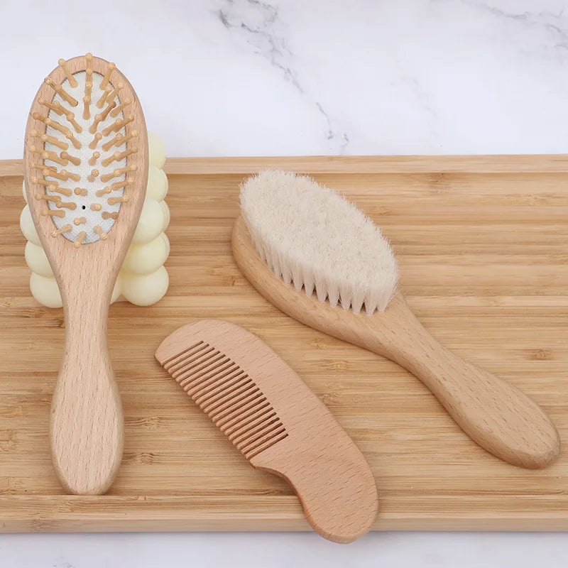 Baby Wooden Hairbrush & Comb – Newborn Soft Wool Massage Brush