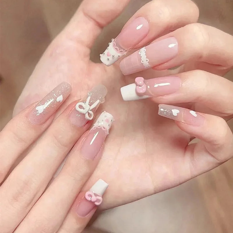 24pcs Detachable Short Press on Nails Y2k rhinestone False Nails with Glue Ballet Sweet Cool Girls Artificial False Nails Tips