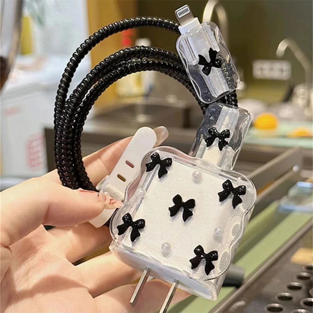 Korean Clear Black Bow Charge Protective Case For iPhone 18W-20W US Data Line Charger Protector Cover Charger Sleeve Accessories