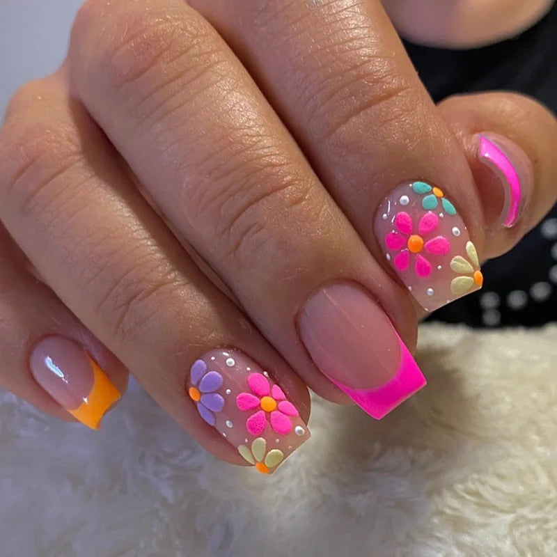 24Pcs Short Almond Press-On Nails Pink Floral French Tip Glossy&Elegant Full Cover Fake Nails for Women&Girls Spring,Daily Wear