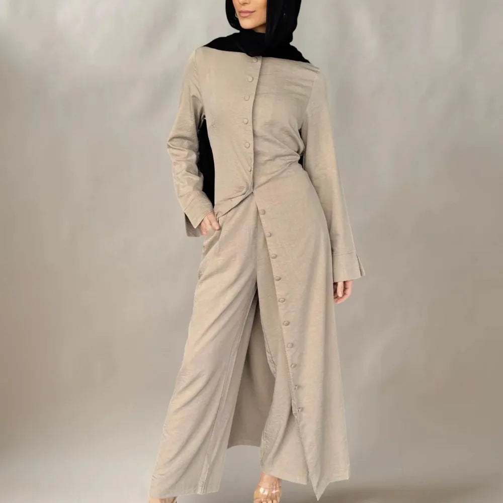 Eid Women Button Up Abaya Straight Pant 2 Piece Set  Muslim Sets Ramadan Dubai Elegant Musulman Ensembles Arab Long Pant Morocco