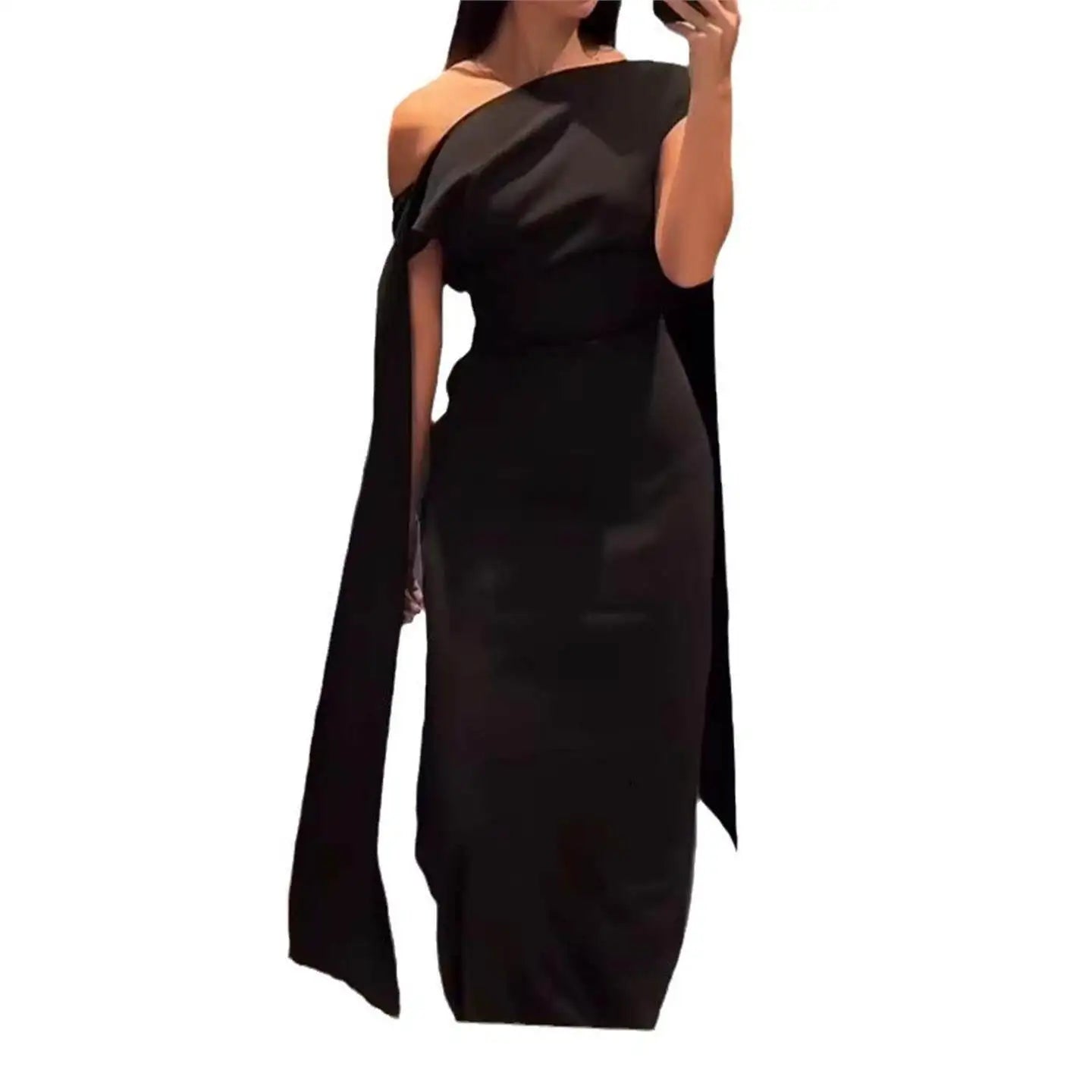 Elegant Long Dress Pure Color Asymmetrical Collar Shoulder Insert Sleeve Cross-Border Summer New Women's Fashion Dress