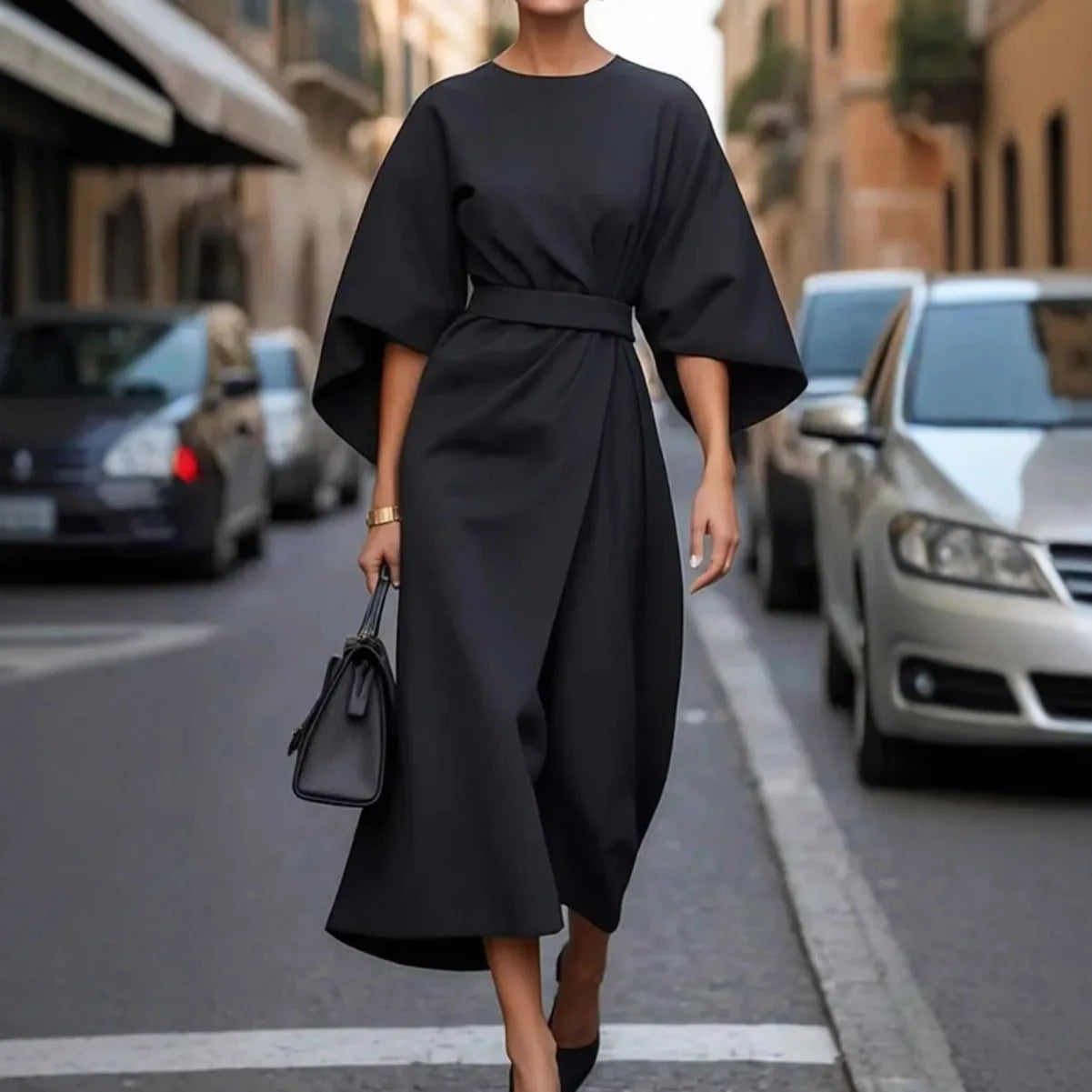 Women Dresses 2026 fashion elegant round o neck solid color waist-cinching casual batsleeve long dress clothing vestidoes