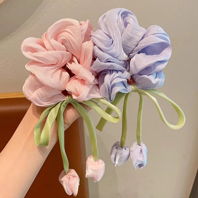 Sweet Girl Wind Mesh Strap Tulip Large Intestine Hair Hoop Handmade Butterfly Knot Rope Tie Ponytail Knot Hair Accessories