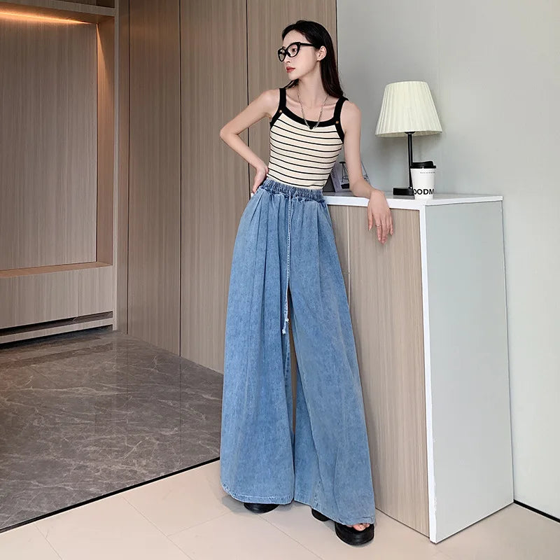 Spring NEW Elastic Waist Loose-Fit Plus Size Women's Jeans Slimming Wide-Leg Ground-Length Simple Culottes Casual Pants