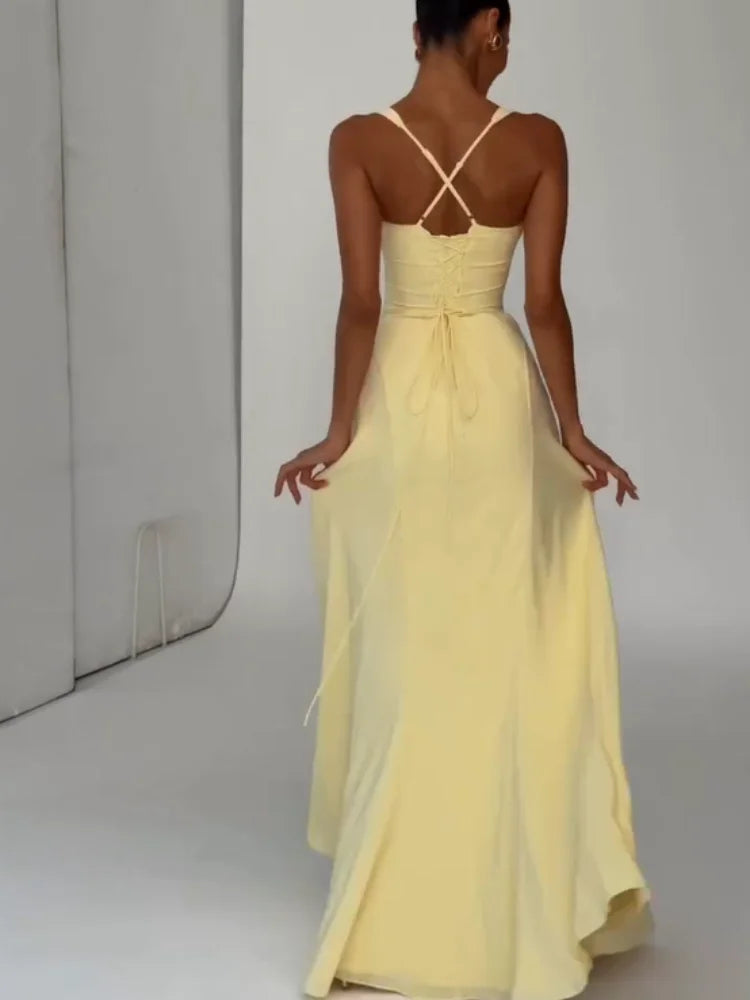 Yellow Low Cut Backless Long Dress Women Chic Lace Up High Waist Sleeveless Waist Cinching Slim Sling Dresses Lady Party Robes