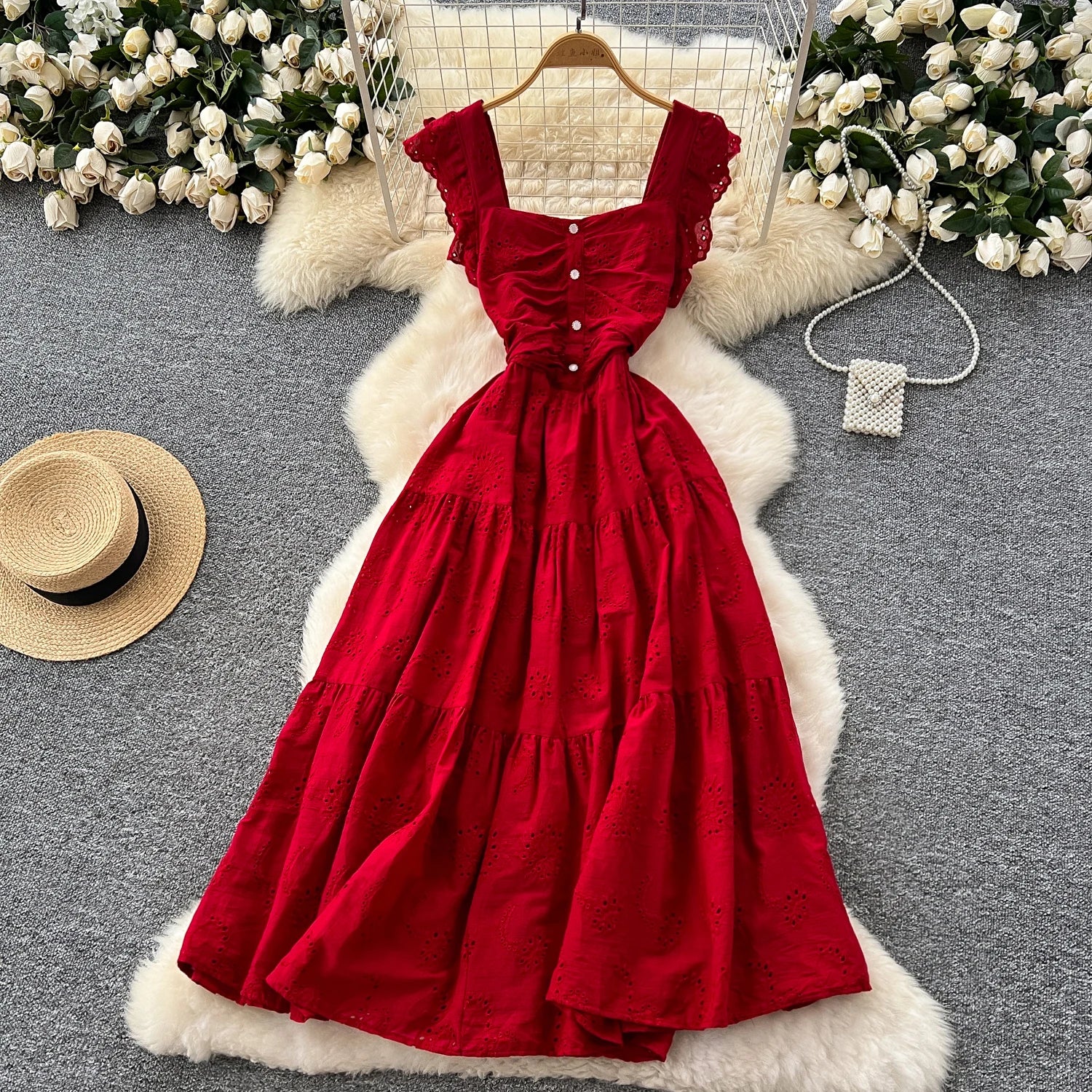 2025 Vintage Summer Elegant Square Neck Dress Lace Embroidered Cinched Waist Vestidos for Women Elegant Party Dress New Fashion