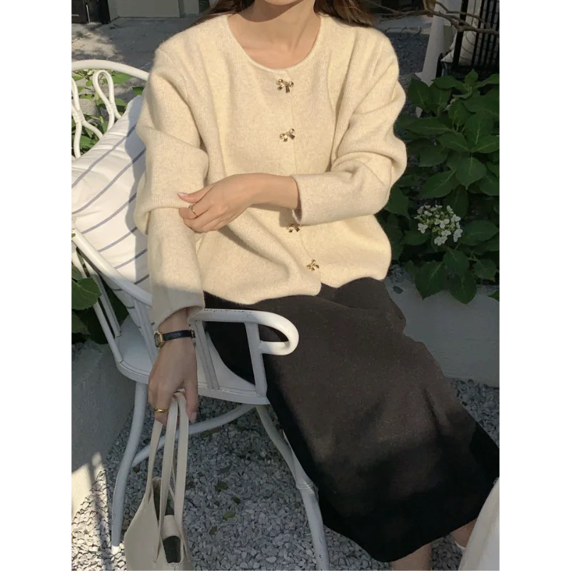 Women Korean Style Sheep Cashmere Elegant Sweater Cardigan Autumn Winter New Style Gentle Style Slimming Knitted Coat
