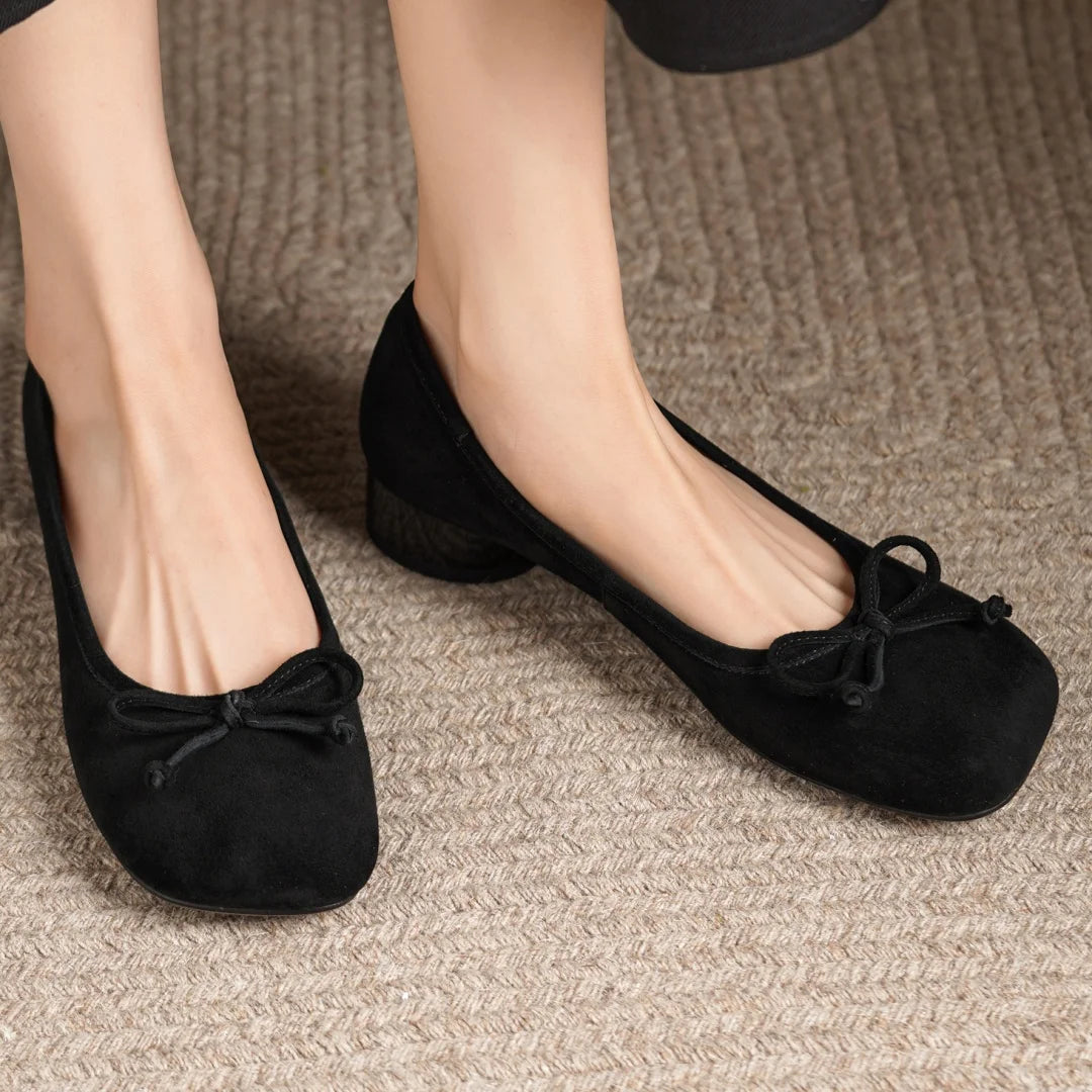 Women's natural suede leather square toe slip-on flats 3cm round low heel sweet bowtie casual female four season shoes for woman